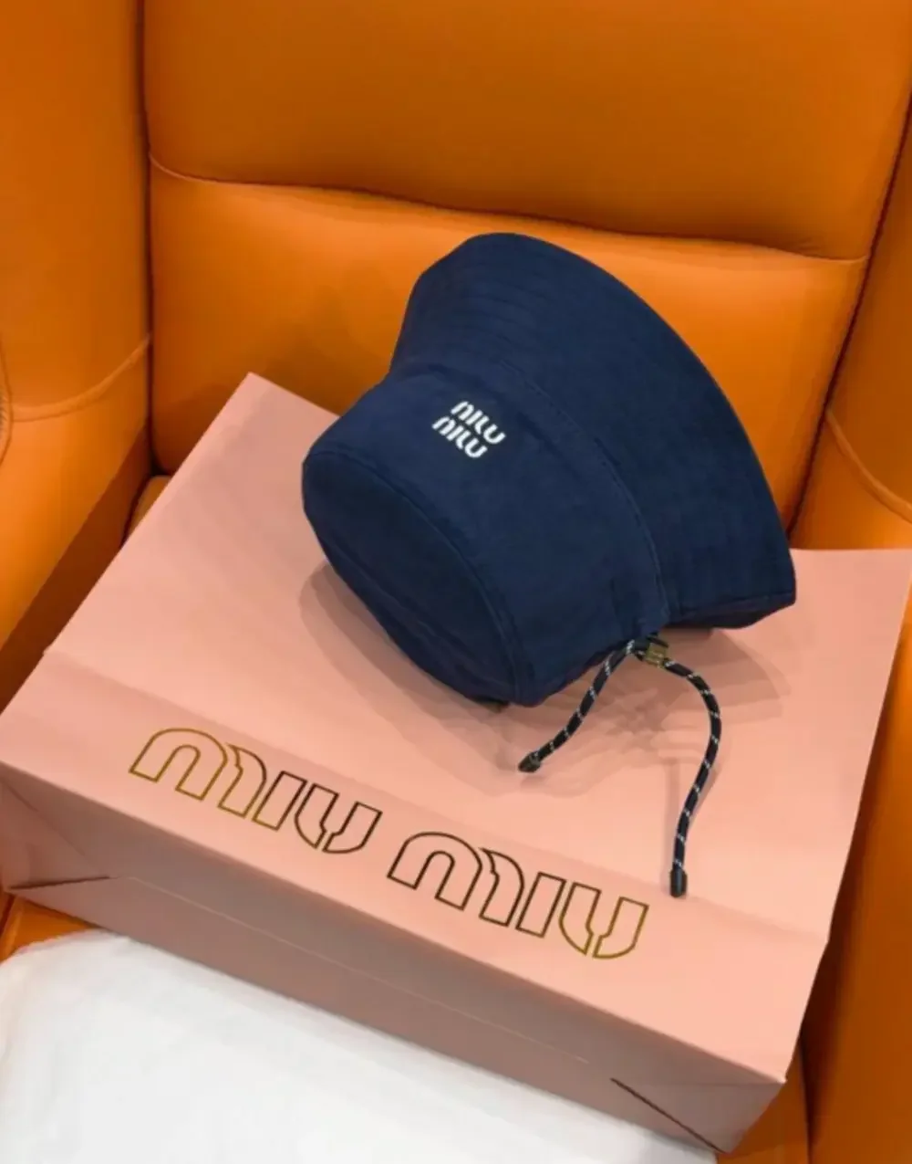 Miu Miu Navy Blue Logo Embroidered Bucket Hat with Drawstring